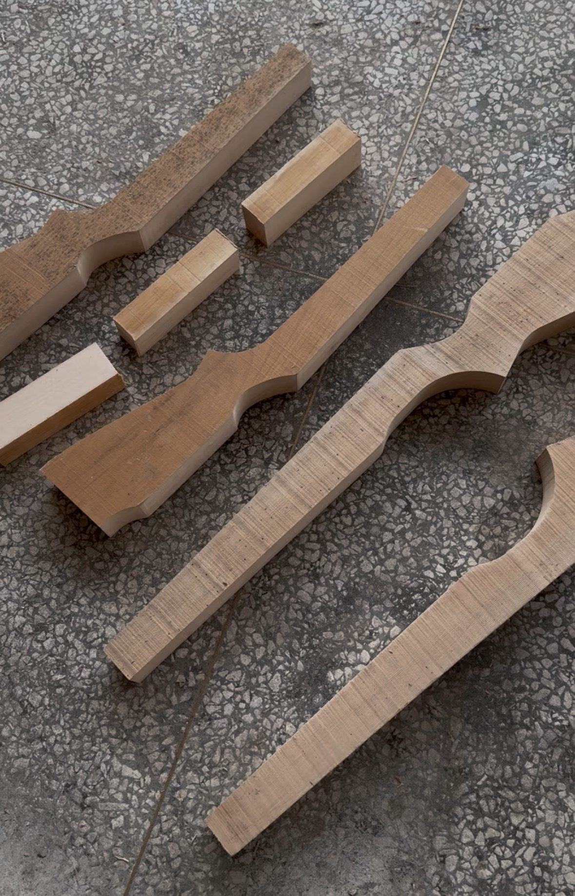 Close-up of gunstock blanks and square blanks