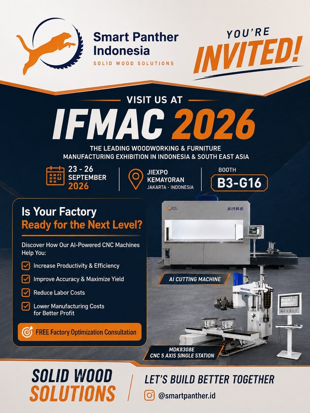 Smart Panther Indonesia’s exhibition poster for IFMAC 2026, held on 23–26 September in Jakarta.