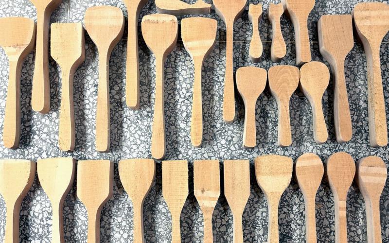 Wooden kitchenware parts cut from solid wood boards